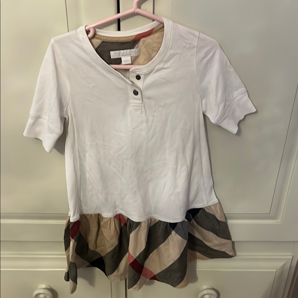 Burberry White and Brown Button Down Dress with Plaid Detail